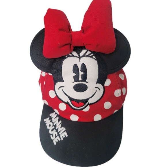 Disney Girls Hat Minnie Mouse Ears Red Bow Embroidered Logo Black Polka Dots - Picture 1 of 8